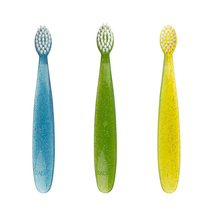 RADIUS Children's Toothbrush, Totz Brush, Extra Soft Bristles, Blue/Green/Yellow, BPA Free & ADA Accepted, Designed for Delicate Teeth & Gums for Children 18 Months & Up, Pack of 3 - Image 1